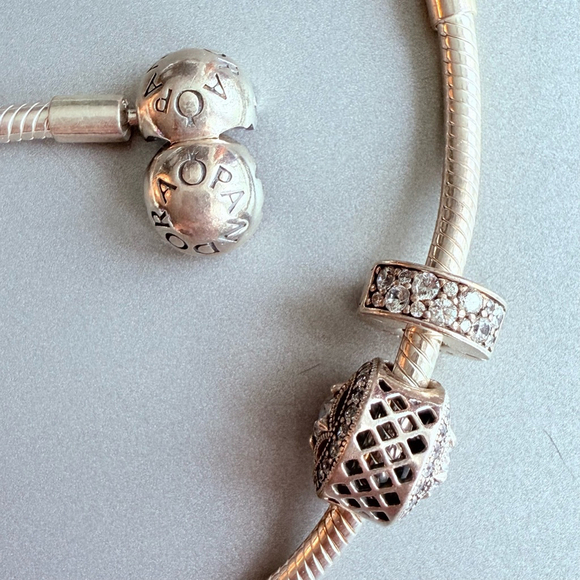 Pandora Sterling Silver 925 ALE Cable Bracelet Allure 2 Pave Clip Charms Retired - Picture 5 of 8